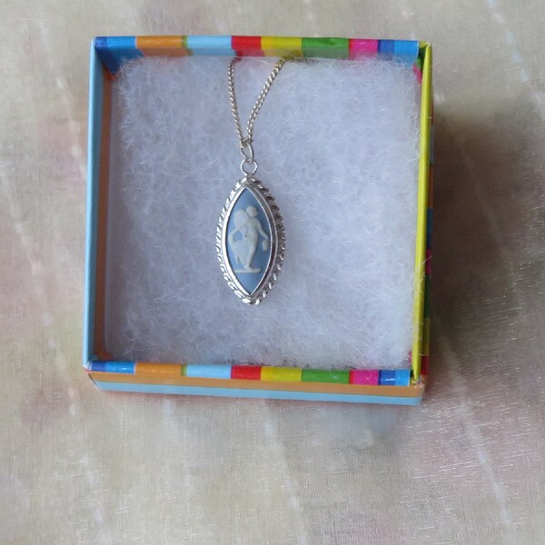 Wedgwood Silver PLATED pendant on Sterling Silver chain - Blue Jasper Ware - Dancing Hours - delicate
