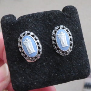 Vintage Sterling Silver Wedgwood Blue Jasperware clip on earrings with Marcasite - Terpsichore Larger size