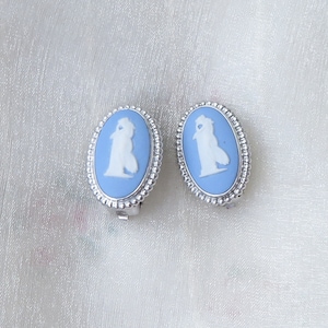 Vintage Sterling Silver Wedgwood Blue Jasperware clip on earrings - Andromache-  English Made