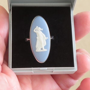 Vintage Sterling Silver Wedgwood  Blue Jasper Ware ring Larger sized Cameo - Dancing Hours - English made - size M