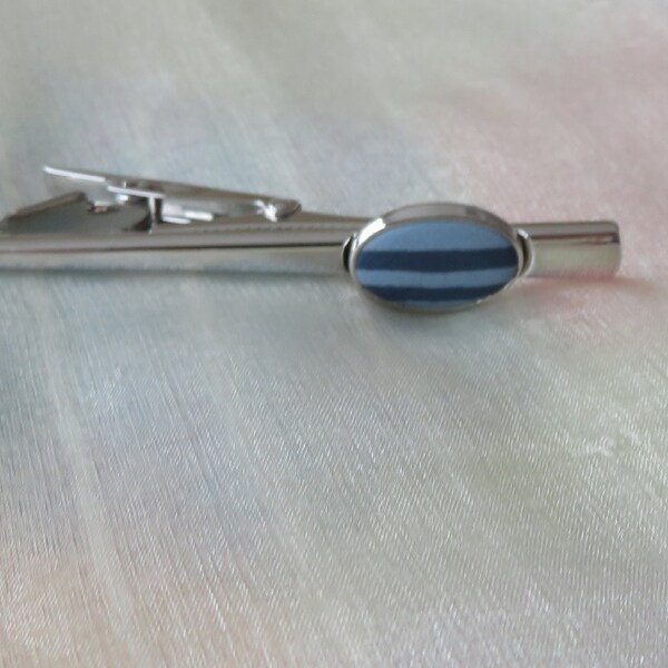 Wedgwood tie clip - Rhodium plated - Dark Blue and Light Blue Jasper Ware  - striped - English Made