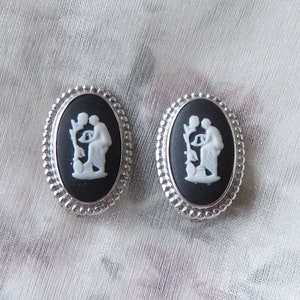 Vintage Sterling Silver Wedgwood Black Jasperware clip on earrings - Medea and Aeson -  English Made