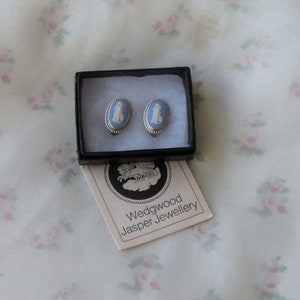 Vintage Sterling Silver Wedgwood Blue Jasperware clip on earrings - Andromache-  English Made