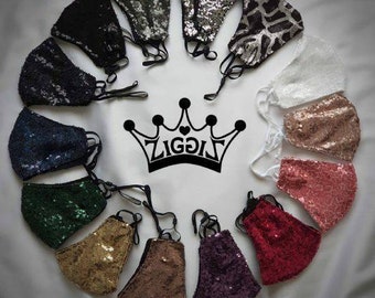 Luxury Sequin Nose Wire Face Masks, washable, adjustable, breathable, high quality, cotton lining.