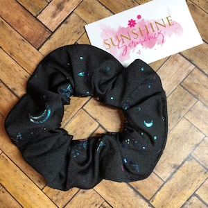 Color shift shooting stars and crescent moon scrunchies-crescent moon scrunchie-hair accessories-hair ties-ponytail accessory-handmade gifts