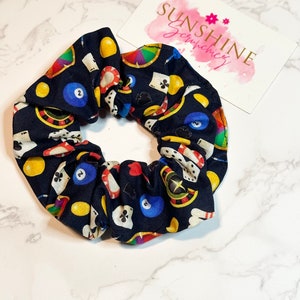 Handmade gaming scrunchies-gaming scrunchie-billiards hair ties-dice-roulette- hair accessories-ponytail accessory-darts-bowling-cards-poker