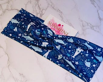 shark headband-beach headband-knotted headbands-soft stretchy headband-turban twist-great white shark-hammerhead shark