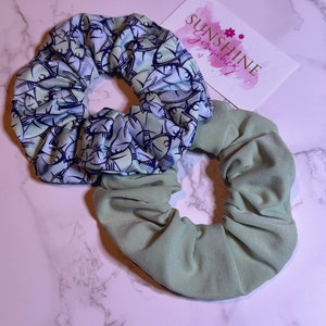 blue and green fish and solid light green scrunchie duo-hair accessories-ponytail accessory-hair ties-2 pack scrunchies