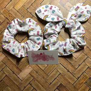 Kitty cats,rainbows and stars handmade scrunchies-bow scrunchie- ponytail accessory-hair accessories-hair ties-messy bun-handmade gifts