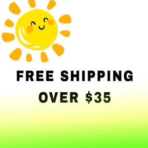 Może przedstawiać: Uśmiechające się ż&oacute;łte słońce na białym tle. Pod słońcem znajduje się tekst "FREE SHIPPING OVER $35".