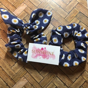 Daisy Delight handmade scrunchies-floral scrunchie- polka dot hair ties- hair accessories- ponytail accessory-handmade elastic hair ties-