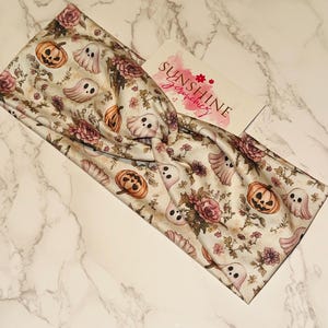 Ghosts,Pumpkins and pink Flowers pastel Halloween Headband- Jack-O-Lantern- soft and stretchy Headband