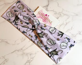 Opossum turban twist headband-opossum headband-hair accessories-knotted headbands-apples and blueberries-animal headband-handmade gifts