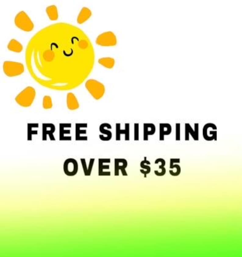 May include: A cheerful cartoon sun with a smiling face and orange rays. The text "FREE SHIPPING" is displayed above "OVER $35" in bold, black letters against a white and gradient green background.