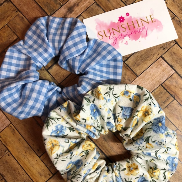 Countryside bouquet floral handmade scrunchies- floral scrunchie-gingham check scrunchie- hair ties-hair accessory-ponytail accessory-flower