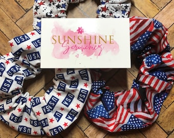 Bandera estadounidense patriótica hecha a mano, EE. UU. Y estrellas scrunchies-scrunchies- accesorios para el cabello hechos a mano- soporte para cola de caballo- lazos para el cabello- lazo para el cabello-estrella