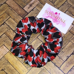 Red Black Heart Scrunchie: Handmade Ponytail Accessory