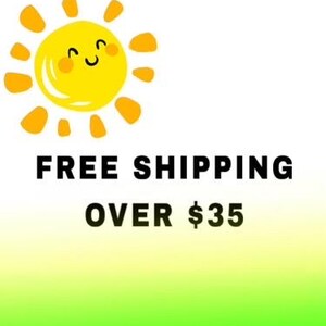 May include: A cheerful cartoon sun with a smiling face and orange rays. The text "FREE SHIPPING" is displayed above "OVER $35" in bold, black letters against a white and gradient green background.