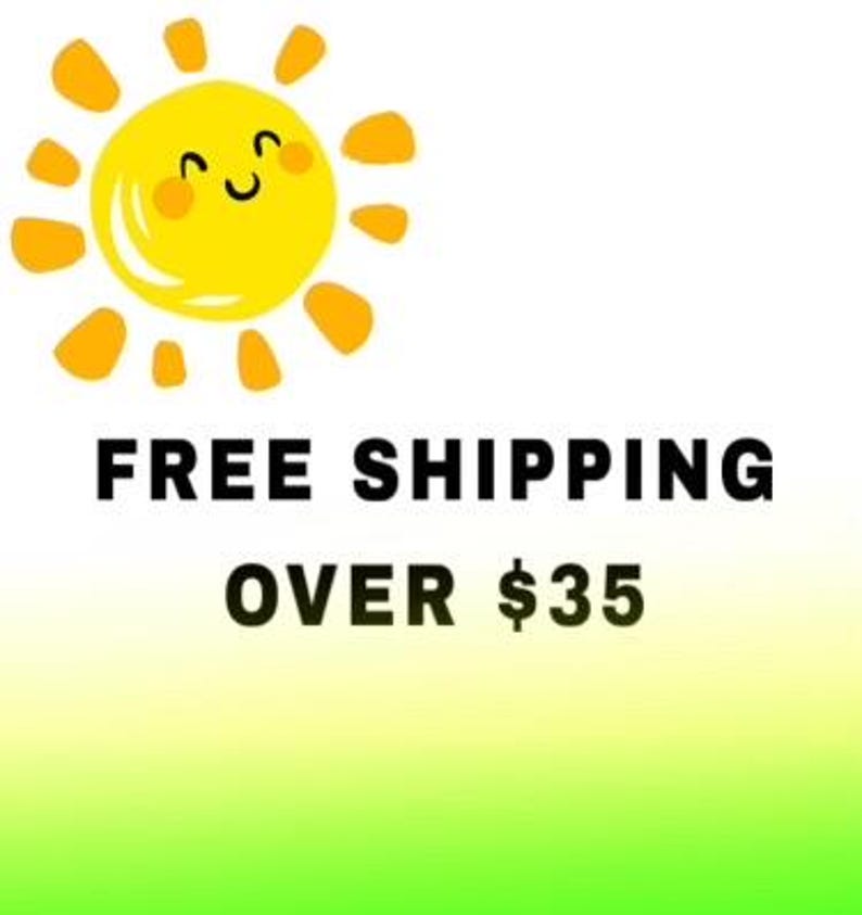 May include: A cheerful cartoon sun with a smiling face and orange rays. The text "FREE SHIPPING" is displayed above "OVER $35" in bold, black letters against a white and gradient green background.