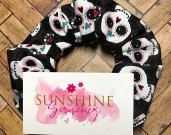 Sugar skull scrunchie- day of the dead- hair accessories- hair ties-handmade-ponytail-Halloween scrunchies-sugar skull scrunchies