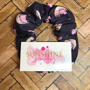 Pink pig  on the moon scrunchie-crescent moon scrunchies- handmade hair accessories-ponytail- hair ties-