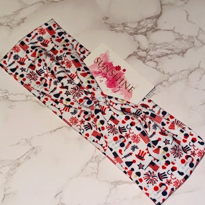 USA patriotic headband-fourth of July headband-hair accessories-knotted headband-soft headband-American flag-fireworks-stars