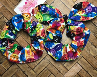 Rainbow bright kitty cat handmade scrunchies-colorful kitten bow scrunchie- hair ties- ponytail accessory-hair accessories- gifts