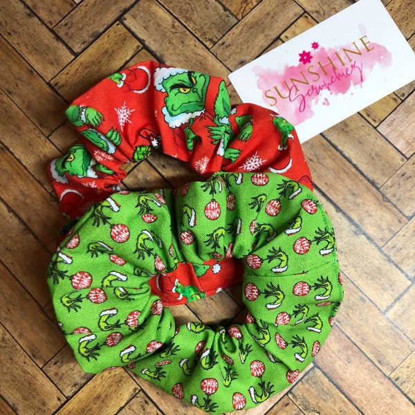 Mean green Christmas scrunchies-Christmas scrunchie-holiday hair accessories-hair ties-Santa clause-snowflakes- ornaments-ponytail accessory