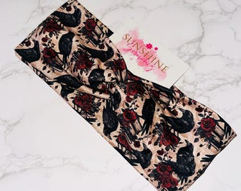Ravens and Roses Turban Twist Headband: Soft Stretchy Fabric