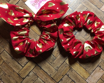 Valentines red with metalic gold hearts handmade scrunchies-valentine bow scrunchie-hair accessories-hair ties-ponytail accessory-gifts