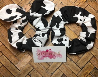 Cow pattern handmade scrunchies with or without a bow. Ponytail accessory- hair ties-hair accessories