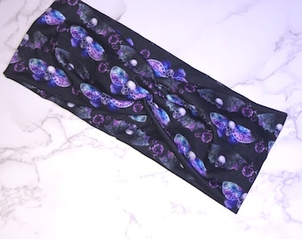 Voodoo skulls,bats and moths handmade turban twist headband-voodoo headbands-hair accessories-knotted headband-stretchy headband-witchy-goth