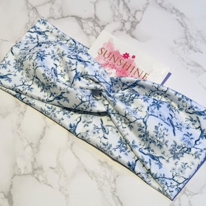 floral and blue bird themed turban twist headband-blue and white soft and stretchy hair accessory-