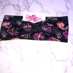 Death moth-skeleton hands-spiderwebs-spiders and pumpkins turban twist headbands-witchy headbands-Halloween headbands-knotted headband