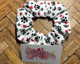 Puppy love paw print and heart handmade scrunchie- scrunchies-hair accessories-ponytail accessory-hair ties