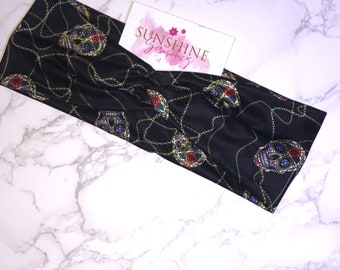 Sugar Skull Chain Headband: Soft Stretchy Turban Twist