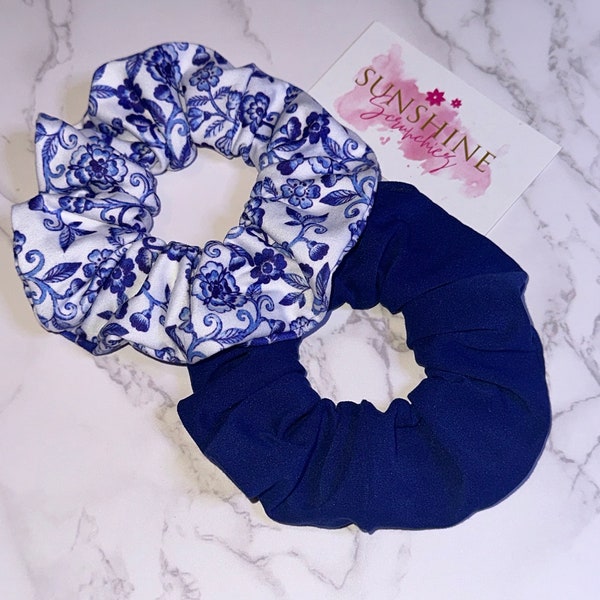 blue and white floral and solid blue scrunchie duo-2 pack scrunchies-hair accessories-hair ties