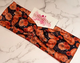 fall pumpkins,crescent moons,stars and flowers headband-autumn headband-soft and stretchy headband-knotted headband