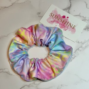 Tie dye leopard print scrunchie-cheetah scrunchies-animal print scrunchies-hair accessories-hair ties-ponytail accessory-cat scrunchie