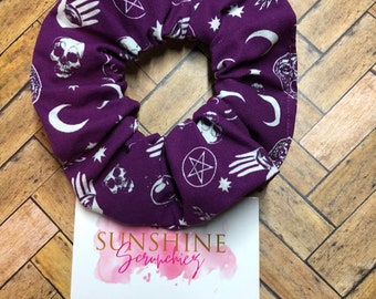 Witchy woman-Halloween scrunchies-ponytail accessory-hair ties- hair accessories- witch- witchy- skulls-pentagram-cat-