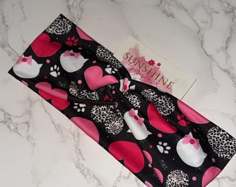 Kitty cats,hearts and paw prints turban twist headband-valentines headbands-knotted headbands-stretchy headband-yoga headbands-animal print