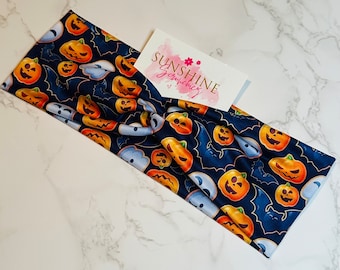 Diadema de Halloween con fantasmas, murciélagos y calabazas talladas - Diadema de calabaza - Accesorios para el cabello de Halloween - Diadema anudada - Diadema suave y elástica