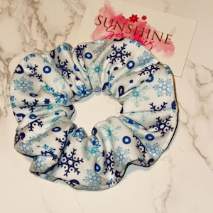winter blue snowflake scrunchie-snowflake hair tie-ponytail elastic hair band-soft and stretchy