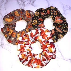 Fall leaves-pumpkins,leaves and acorns-pumpkins,sunflowers and pies scrunchies-autumn scrunchie-hair accessories-hair ties-ponytail