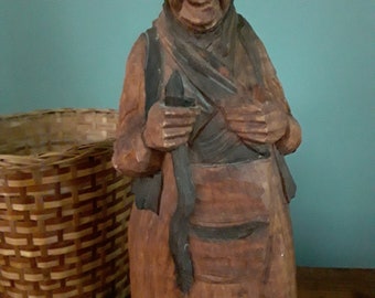 Vintage Folk Art Hand Carved Peasant Woman - Artisan Made