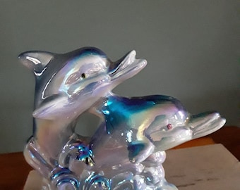 Pearlescent Pair of Iridescent Blue Dolphins Ceramic Figurine Creating a Nautical Vibe
