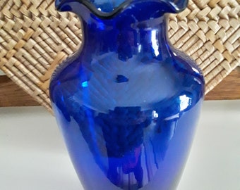 Cobalt Blue Glass Vase with Ruffled Edge