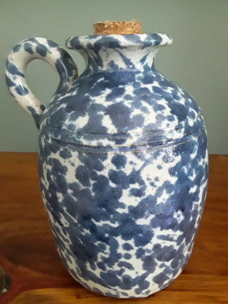 Blue Spongeware Pottery Crock/jug With Handle Etsy