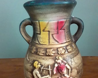 Vintage Unique Ceramic Vase with Ancient Egyptian Figures in Earth Tones