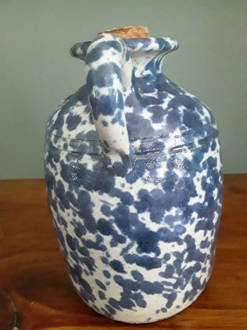 Blue Spongeware Pottery Crock/jug With Handle Etsy